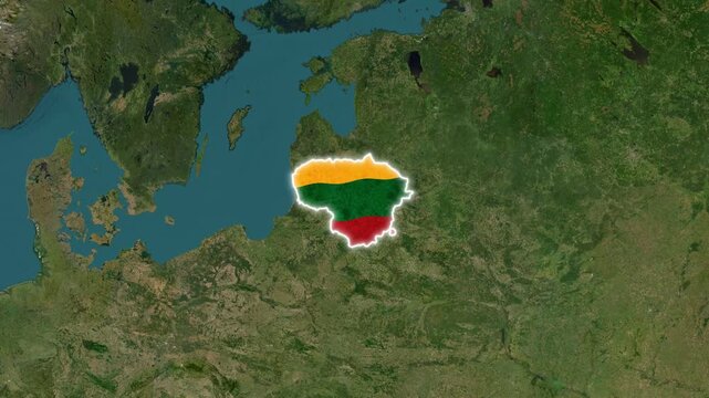 Lithuania country map with glowing animated flag motion overlay resting on realistic satellite earth terrain for documentary travel video production