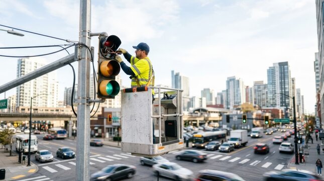 Worker in bucket truck repairs traffic signal at city intersection, offering copy space