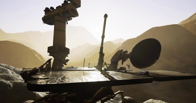 The Mars Opportunity rover navigates the diverse and rocky Martian landscape under a hazy sky during its mission to gather scientific data and explore the planets geology.