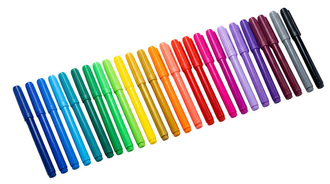 Set of colorful felt tip pens arranged in a neat rainbow color gradient
