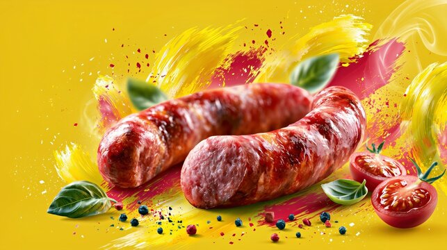 Grilled sausages with herbs, tomatoes and colorful spices on a vibrant yellow background for restaurant menus, food packaging and advertising.

