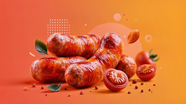 Stacked grilled sausages with tomatoes, herbs and spices on a vibrant orange background for food advertising, packaging and gourmet branding.

