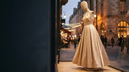 Naklejka premium Champagne silk evening gown displayed in a boutique window with bokeh city lights, elegant fashion photography with copy space