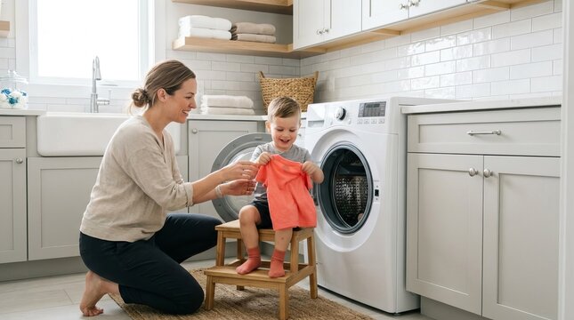 Mother and child joyfully loading laundry into a front-loading washing machine in a bright, modern laundry room.