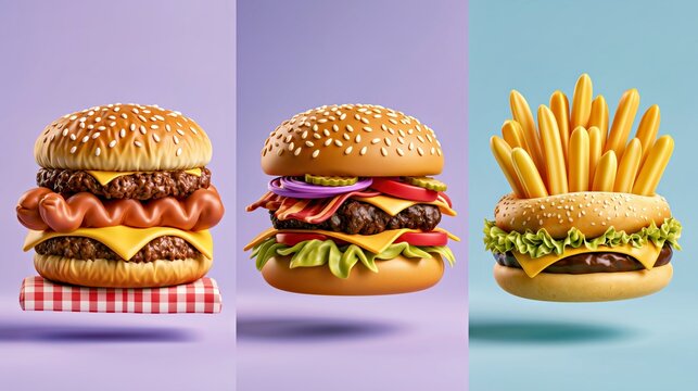 Three colorful gourmet burgers with sesame buns, cheese, vegetables and golden fries arranged on pastel panels for restaurant advertising and menus.

