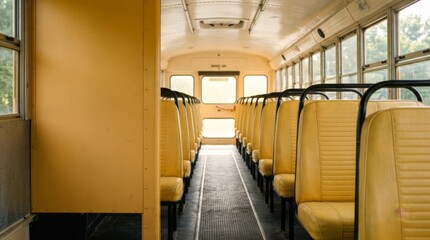 Fototapeta premium Empty yellow school bus interior aisle, clean seats, and bright windows offering copy space for marketing
