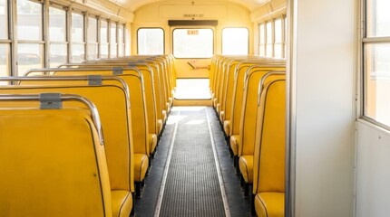 Fototapeta premium Empty Yellow School Bus Interior with Aisle and Seats - Advertising Ready Perspective