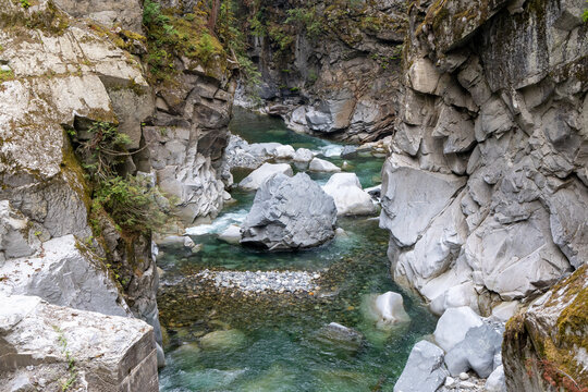 Emerald River Gorge With Massive Granite Boulders at Othello Tunnels Near Hope, BC Canada