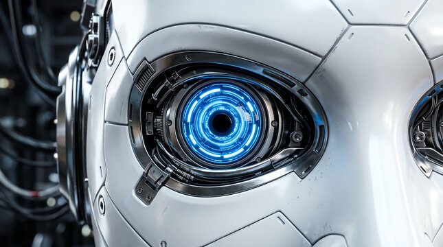 A close-up view of a futuristic robot eye with a glowing blue iris and metallic segmented plating