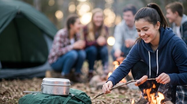 Teenage girl cooking sausage over campfire with friends at school camping trip, outdoor forest scene