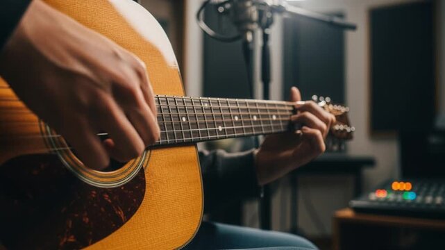 Musician playing acoustic guitar in a recording studio with microphone and soundboard