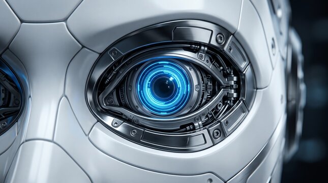A close-up view of a futuristic robot eye with a glowing blue iris and metallic segmented plating