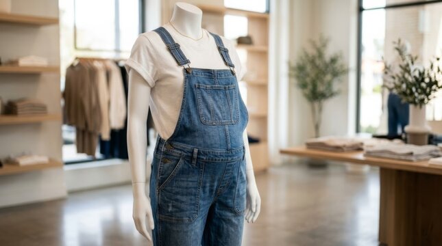 Maternity denim overalls on a mannequin in a bright retail store display with soft bokeh background and low angle view