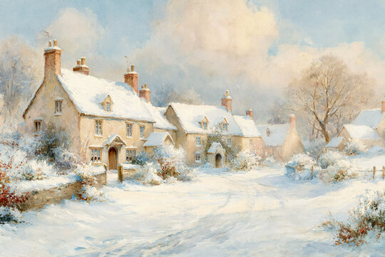 Traditional English cottages covered in white snow, lining a quiet village street on a cold winter day, creating a nostalgic scene