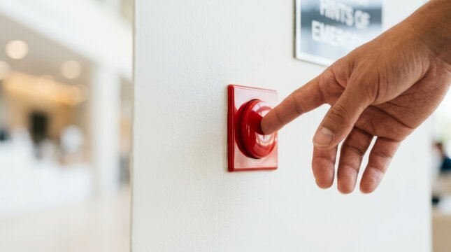 Hand pressing red emergency alarm button in modern interior, pressing safety button for urgent alert