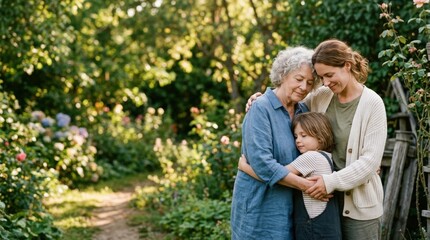 Fototapeta premium Multigenerational family embracing in garden