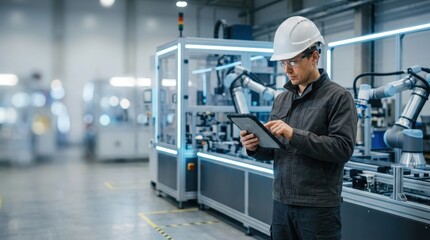 Fototapeta premium Engineer conducting inspection with tablet in smart factory