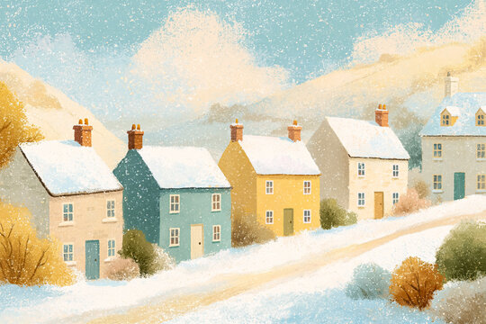 Charming village houses lining a snowy hill, a tranquil scene of a winter wonderland with falling snow, evoking warmth and comfort