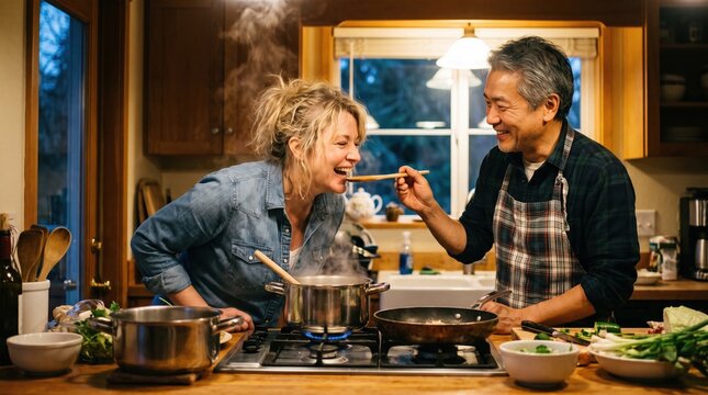 A diverse middle-aged couple laughs while the man feeds the woman a taste of food from a pot in a cozy home kitchen.