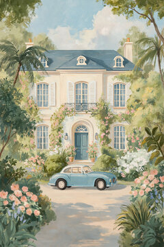 Elegant estate featuring lush foliage, vibrant flowers, and a classic car, capturing luxury, relaxation, and old money aesthetics