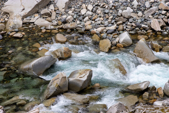 Rocky River Rapids Flowing Over Boulders at Othello Tunnels in Hope, BC, Canada Scenic Gorge