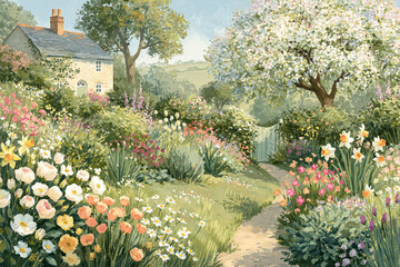 Fototapeta premium Countryside cottage garden overflowing with blooming spring flowers, a winding path, and an apple orchard tree in full blossom