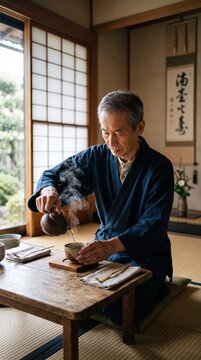 An elderly Japanese man pours steaming tea into a cup in a traditional room. The scene evokes mindfulness, calm, and cultural respect. Perfect for wellness, lifestyle, or travel content.