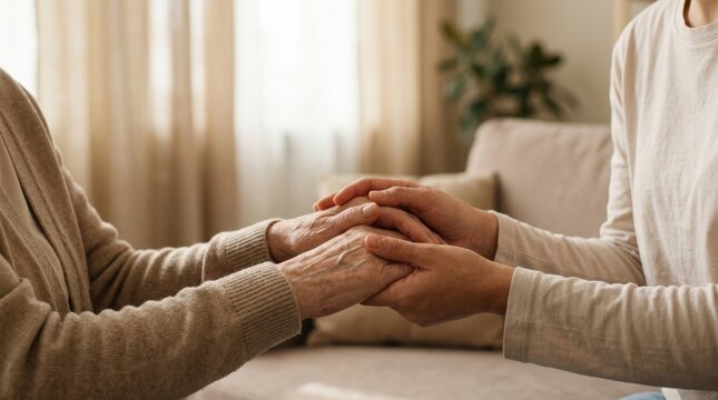 Caregiver Holding Elderly Person?s Hands in Comforting Home Setting