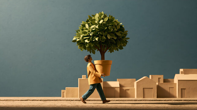 Person carrying a potted tree home, paper craft scene