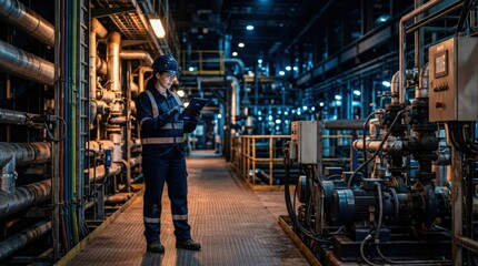 Naklejka premium Engineer using digital tablet for equipment monitoring in industrial facility