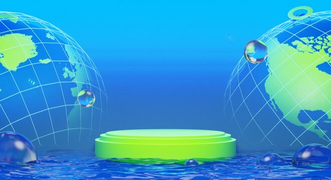 retro-future y2k 2000s frutiger aero aqua web 2.0 gloss with stage podium for product display showcase, 3d illustration rendering abstract background, technology and nature environment concept