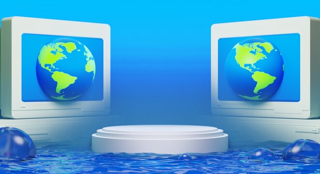 retro-future y2k 2000s frutiger aero aqua web 2.0 gloss with stage podium for product display showcase, 3d illustration rendering abstract background, technology and nature environment concept