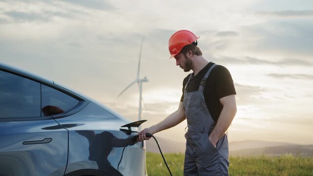 Man in hard hat checks phone near electric car charging station with wind turbines in background. Footage emphasizes renewable energy and sustainable transport