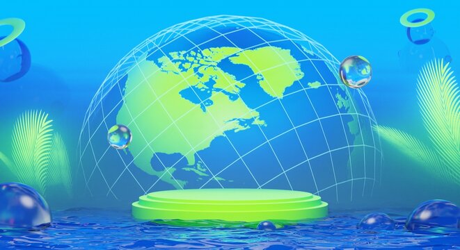 retro-future y2k 2000s frutiger aero aqua web 2.0 gloss with stage podium for product display showcase, 3d illustration rendering abstract background, technology and nature environment concept