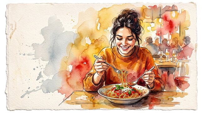 A woman happily eating spaghetti in a cozy restaurant. Captures the joy of mindful eating and sensory pleasure in a warm watercolor style. Ideal for lifestyle and culinary content.