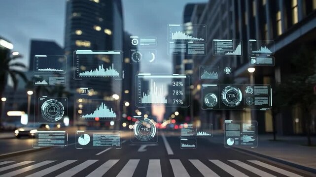 Floating data charts overlay a city street in a sleek futuristic style on an urban background, concept of analytics