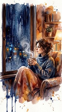 A woman holds a steaming mug while sitting by a rainy window. This scene evokes mindful presence and cozy reflection. Perfect for wellness, mental health, and slow living content.
