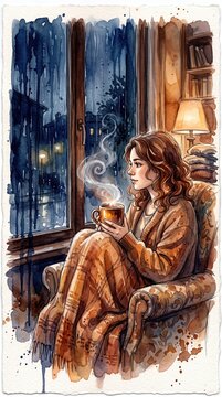 Woman enjoying hot tea by rainy window. Cozy, meditative mood reflecting slow living and presence. Ideal for wellness, mental health, or lifestyle themes.