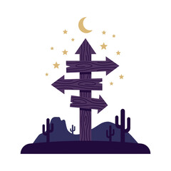 Fototapeta premium Wooden Directional Signpost In Desert Landscape At Night Under Stars And Moon