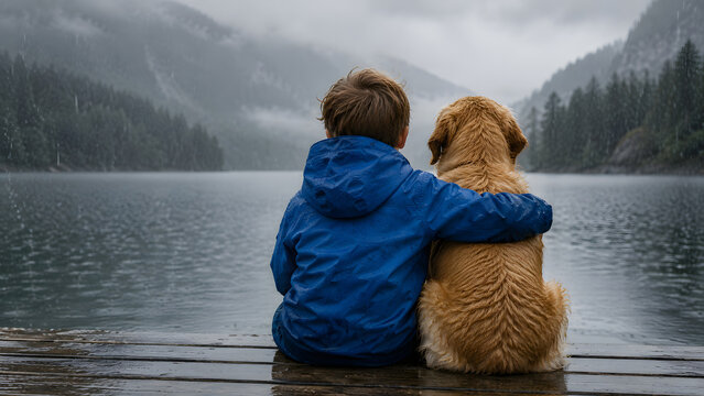 Child in a blue jacket sits with an arm around a golden dog on a wooden dock overlooking a calm lake and fog-covered mountains.