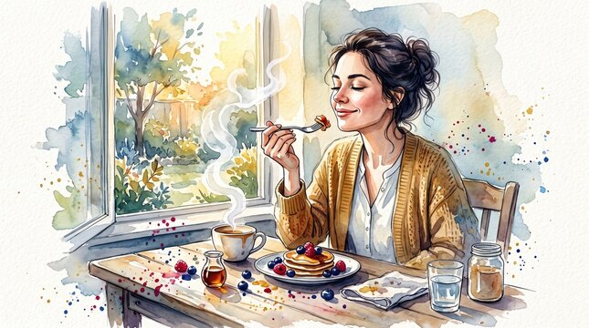 A woman enjoys breakfast pancakes by a window. The scene emphasizes mindful eating and sensory pleasure with warm colors and steam. Ideal for wellness and lifestyle content.