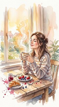 Watercolor illustration shows a woman savoring hot coffee and croissant by a sunny window. This scene captures mindful eating, calm presence, and sensory pleasure. Great for wellness blogs.