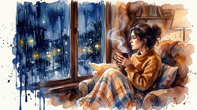 A woman sits by a window on a rainy night, holding a steaming mug. The watercolor style evokes a cozy, mindful atmosphere of solitude. Perfect for wellness and mental health content.