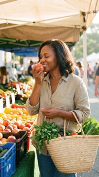 A woman smells a fresh peach at a local farmers market while holding a basket of greens. This scene evokes mindfulness, sensory pleasure, and connection to nature. Perfect for wellness blogs.