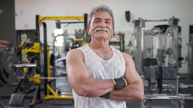 A fit, active older man stands confidently in a modern gym, looking directly at the camera with his arms crossed. Surrounded by strength training equipment. Concept of physical activity, healthy aging