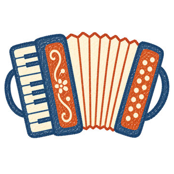 Crayon-style illustration of a simple accordion musical instrument, isolated on white background.