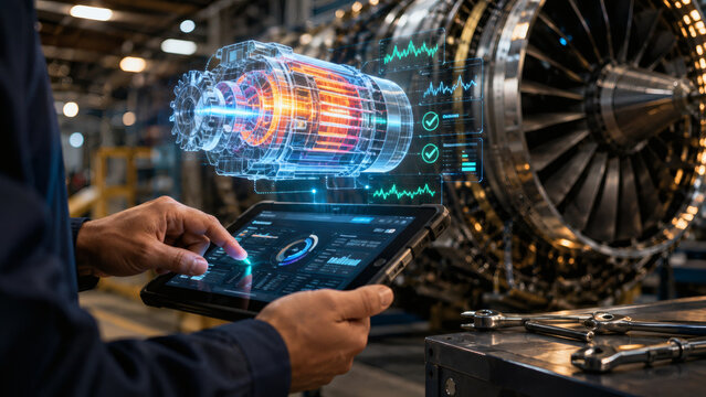 Industrial technician holding tablet with 3D turbine motor predictive maintenance hologram