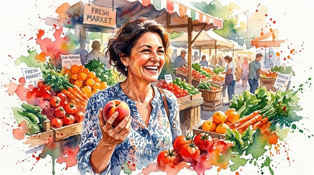 A woman smiles at a vibrant farmers market holding fresh fruit. The watercolor style evokes joy, mindfulness, and healthy living. Perfect for wellness blogs or food marketing materials.
