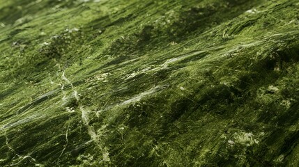 Fototapeta premium Close up of a green stone surface with natural veining and textured patterns showing organic details under soft lighting