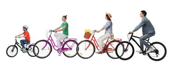 Fototapeta premium Family with children riding bicycles on white background. Side view